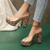 2024 Women's Shoes New PVC Transparent Shoes Casual Slippers Summer Retro Print Open Toe High Heel Slippers Light Comfortable