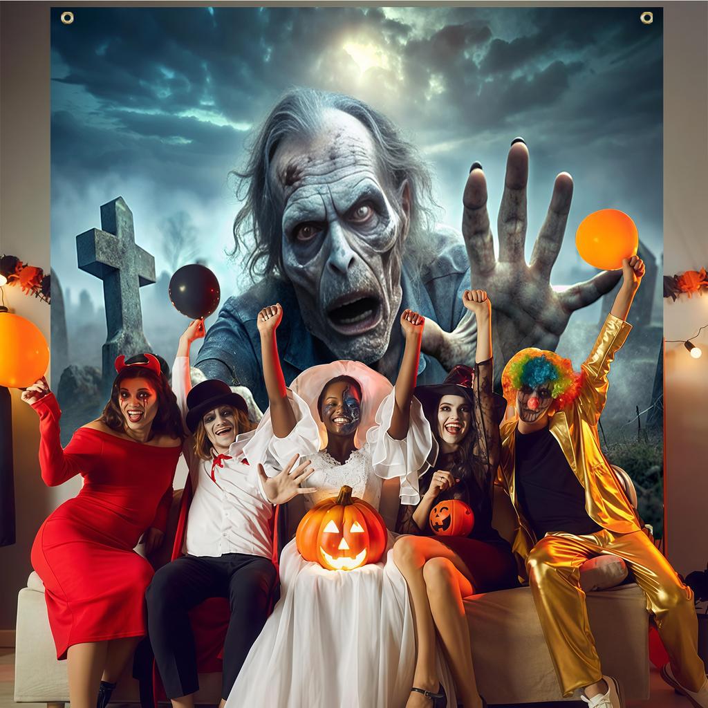 1pc Halloween Banner - Graveyard Zombie Scene Outdoor Decor Durable Spooky Theme For Halloween Party Easy to