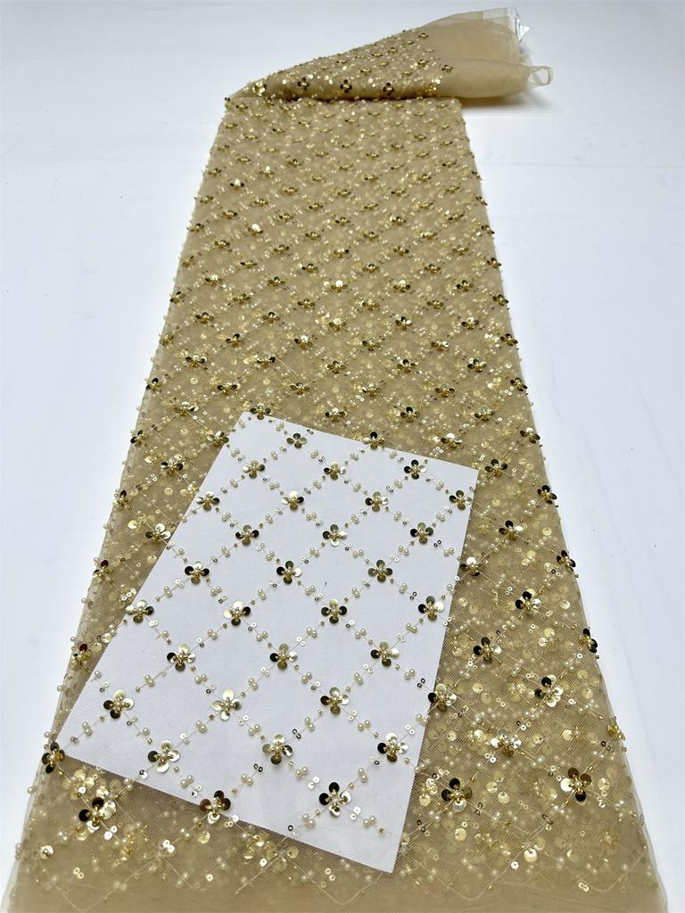 Золотая африканская кружевная ткань из тюля 2025 Французская сетка с пайетками Ткань для шитья Вышивка бисером Кружево Тюль Сетка Нигерия Платье 5 ярдов