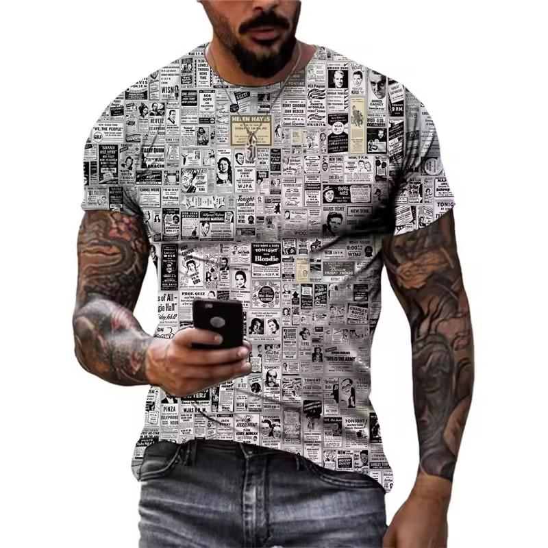 Summer Retro Old Newspapers Graphic T Shirts Men Fashion Vintage Casual Personality Tees 3D Print Trend O-neck Short Sleeve Tops