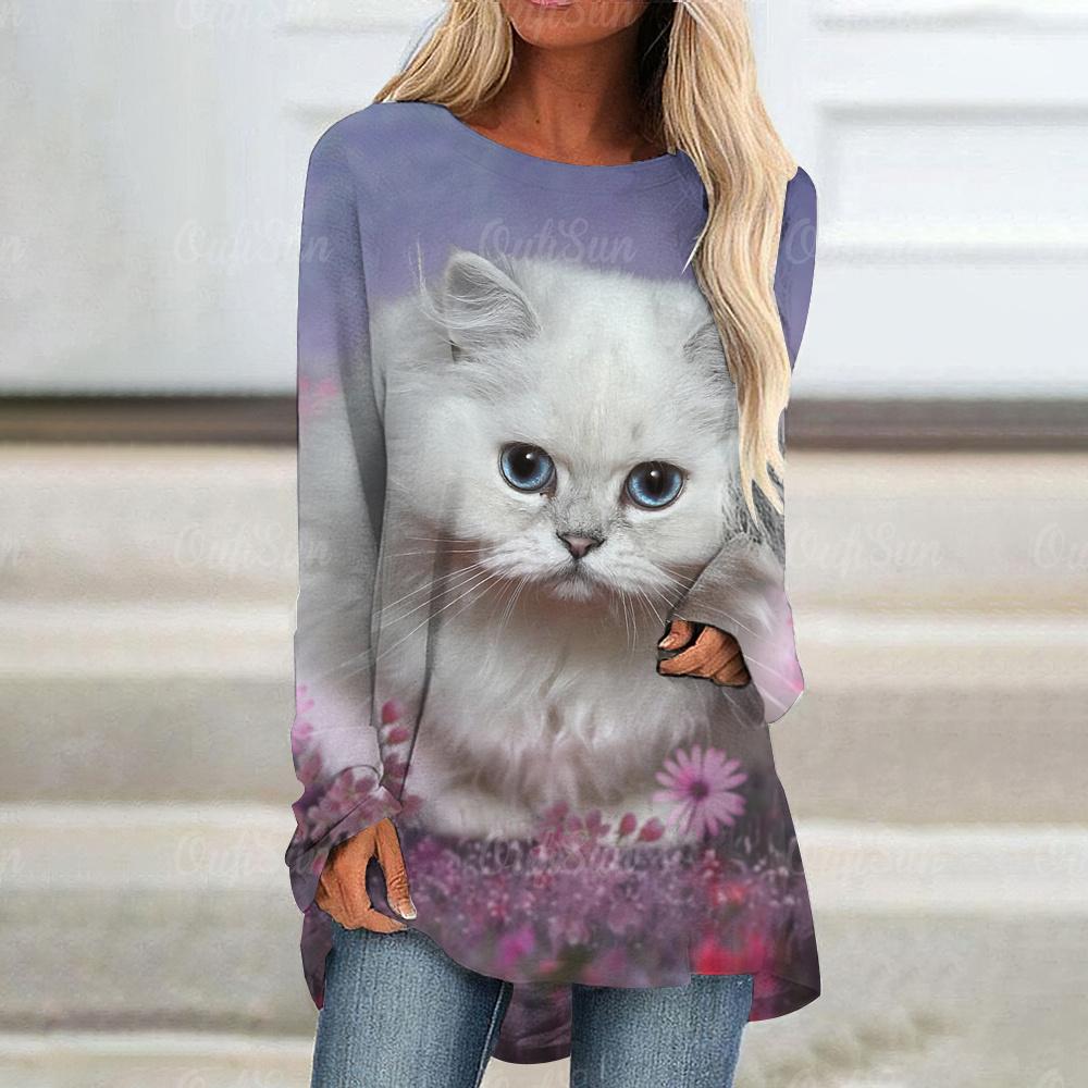 Элегантные женские футболки с милым рисунком кошки, осенняя хлопковая футболка с длинными рукавами, топы, повседневная свободная женская одежда, пуловер Y2K Street