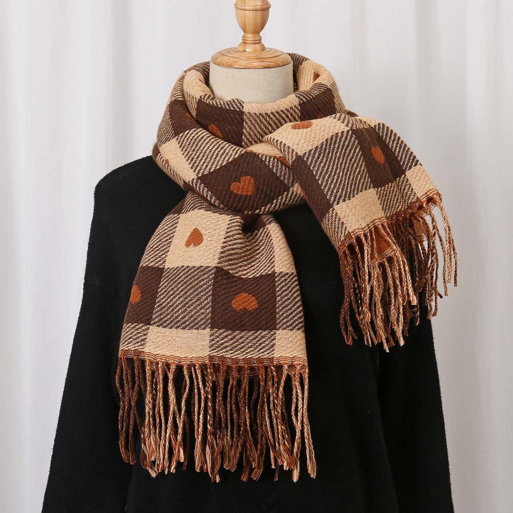 Long Heart Thickened Scarf Acrylic Fibers Tassel Shawl Large Plaid Knitted Scarf Autumn