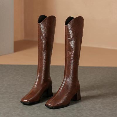 Женские квадратные сапоги на высоком каблуке из мягкой кожи в стиле ретро коричневого цвета 2023 г.