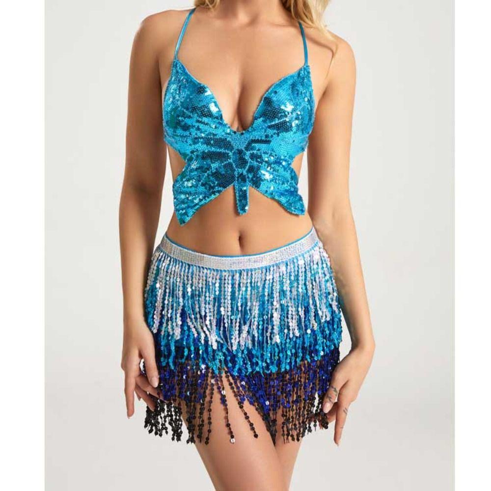 Bohemian Sequin Fringed Skirts Tassels Wrap Belts Show Dancer Skirt Women