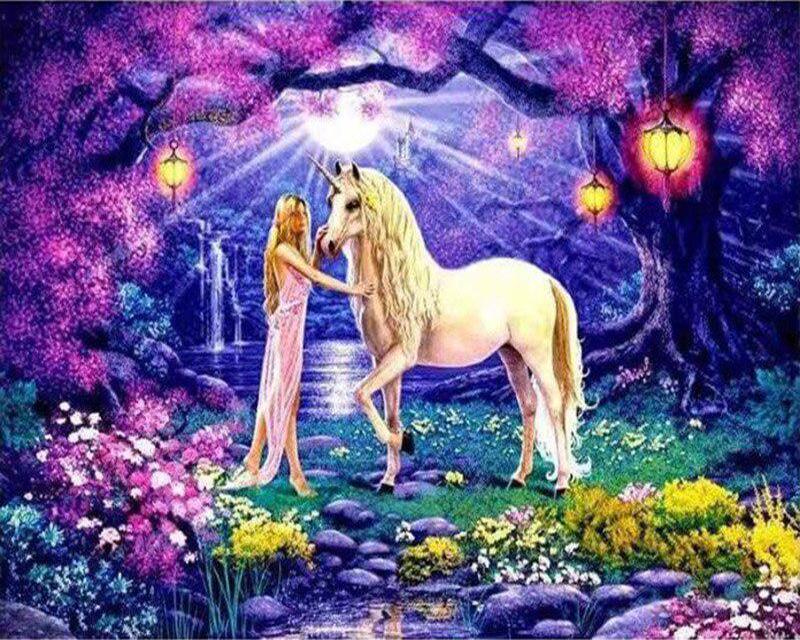 5D DIY Алмазная картина Единороги и женщины Пейзаж Луна Полная площадь/круглая Алмазная вышивка Собака Животные Стразы Мозаика Декор для дома