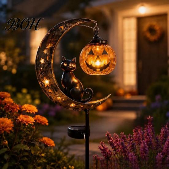 Easy Install Decorative Stakes Halloween Solar Garden Light, Black Cat Pumpkin Moon Stake Pathway Lights for Home Courtyard Waterproof LED Yard