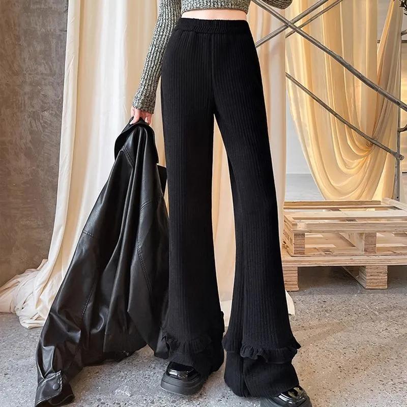 Брюки женские больших размеров, утолщенные, эластичные, с высокой талией, длинные брюки, однотонные, флисовые, повседневные брюки с широкими штанинами