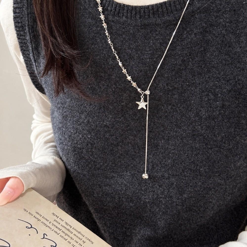 Silver Star Pendant Necklace Long Length Sweater Chain Necklace Adjustable Chain Necklace Unisex