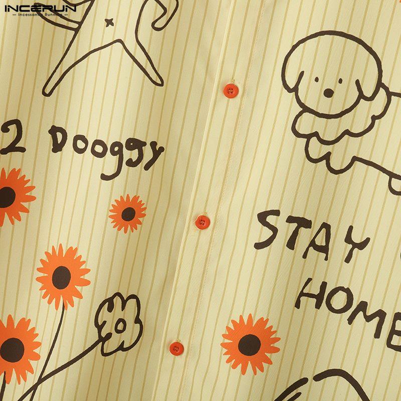 INCERUN Мужские свободные рубашки оверсайз с отложным воротником, коротким рукавом и мультяшным принтом, повседневные.