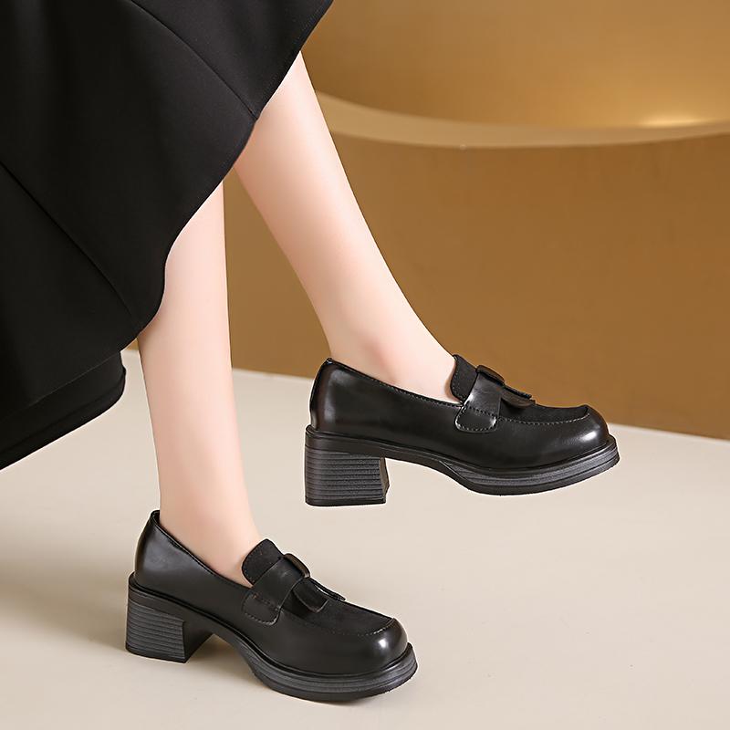 Модные женские осенние туфли на высоком каблуке с бархатными кожаными вставками на каблуках, коричневые туфли-лоферы в стиле ретро с квадратным носком и блочным каблуком, кожаные туфли в стиле Лолиты