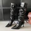 Зимние плиссированные женские ботфорты до колена в стиле панк с острым носком, сексуальные на тонком высоком каблуке, обувь для стриптизерш