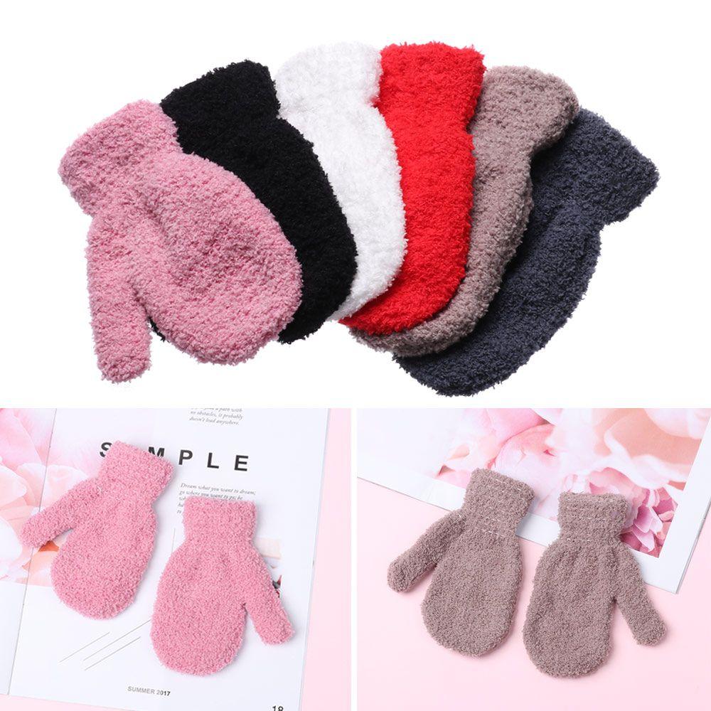 Boys Girls Winter Lovely Soft Warm Baby Candy Color Coral Plush Mittens Full Fingers Kids Gloves