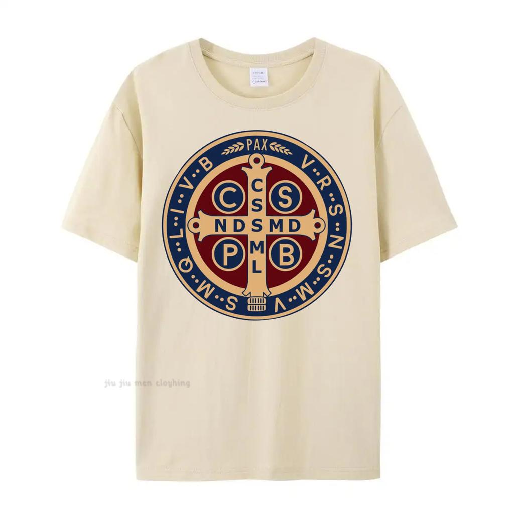 Футболка-пуловер с изображением католической медали Святого Бенедикта, мужская и женская повседневная хлопковая футболка с принтом, винтажная футболка Harajuku Oversize