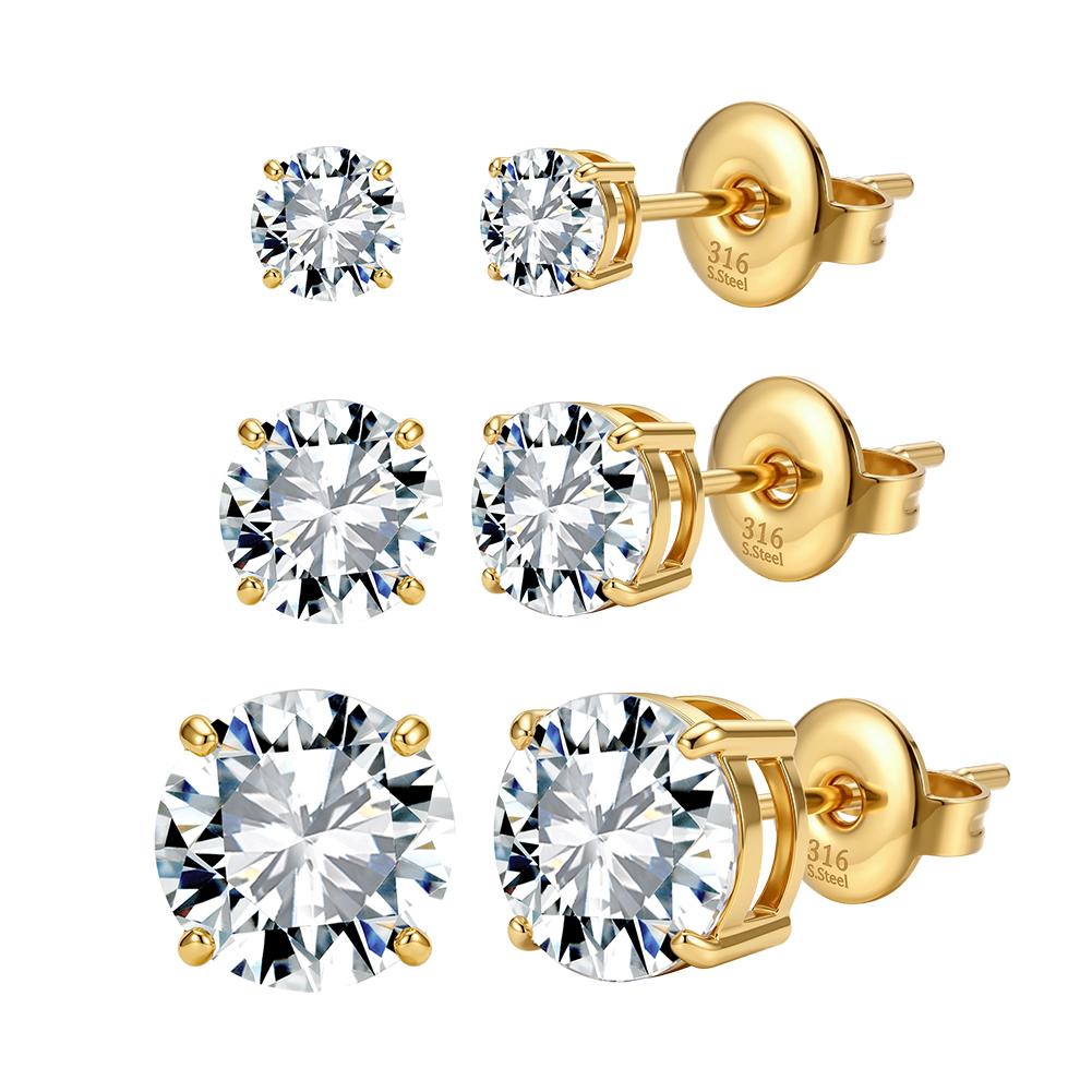RINNTIN HTKE14 316 Stainless Steel 4mm 6mm 8mm Round Cut 5A Cubic Zircon Stud Earrings for Women and Men Daily Jewelry