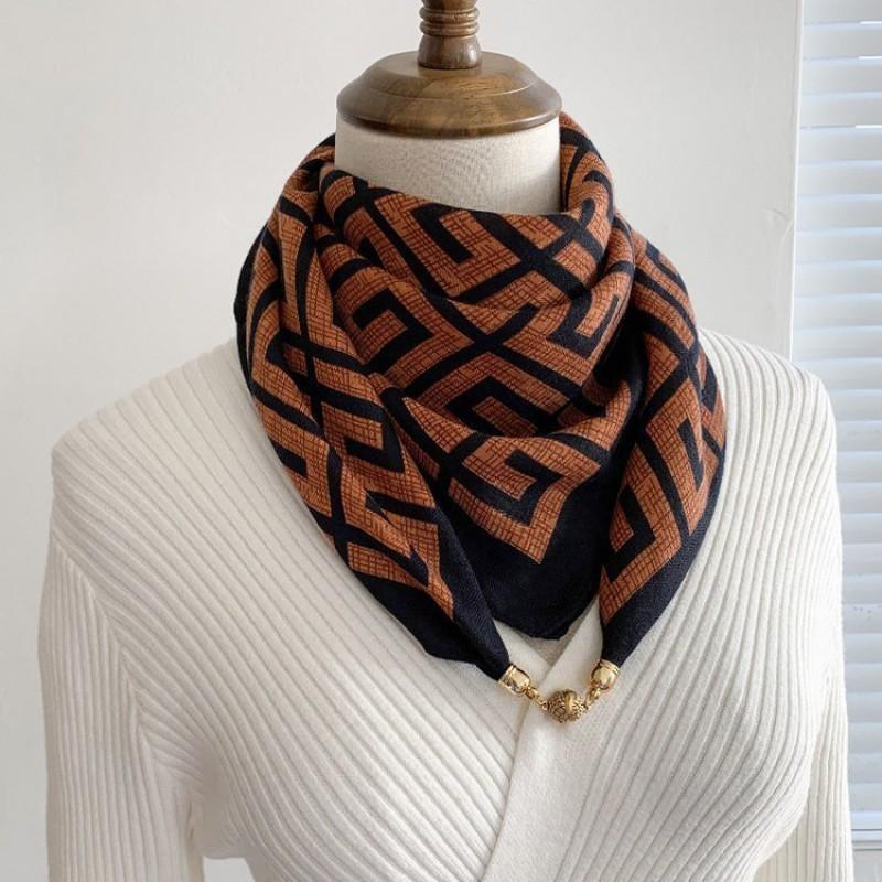 Cotton Linen Square Scarf With Magnetic Clasp Women Lightweight Winter Neck Warmer Fashionable Triangle Wrap