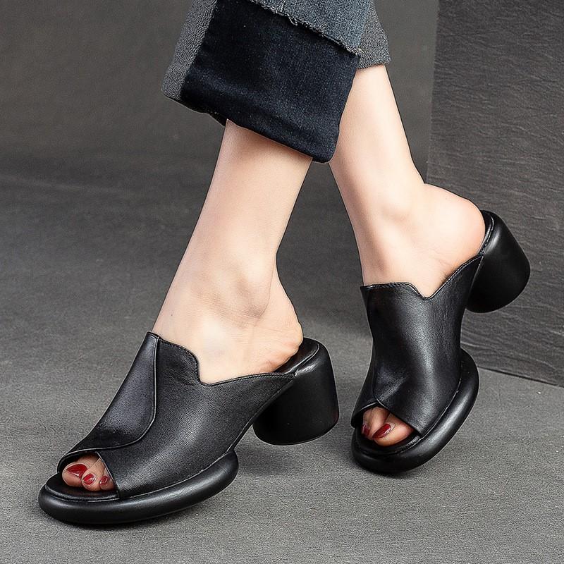 Johnature Тапочки с открытым носком, однотонная винтажная удобная женская обувь на высоком каблуке из натуральной кожи, простая женская обувь