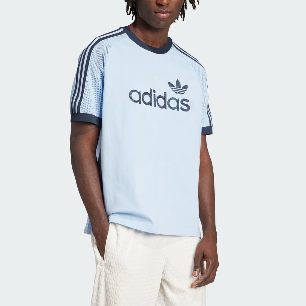 Adidas Оригинальная вязаная футболка премиум-класса свободного кроя в полоску с круглым вырезом, пуловер с коротким рукавом, мужские топы, небесно-голубой JN5557