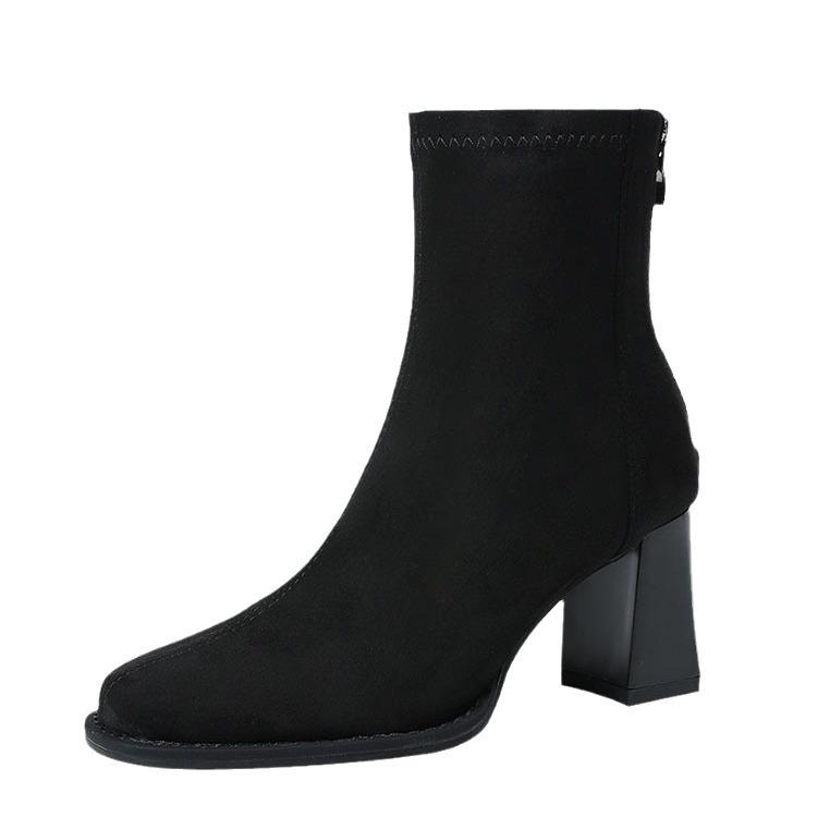 Квадратная голова плюс замшевые короткие сапоги женские сапоги осенние и зимние эластичные тонкие сапоги толстый каблук средний каблук одинарные сапоги серые абрикосовые сапоги Martin