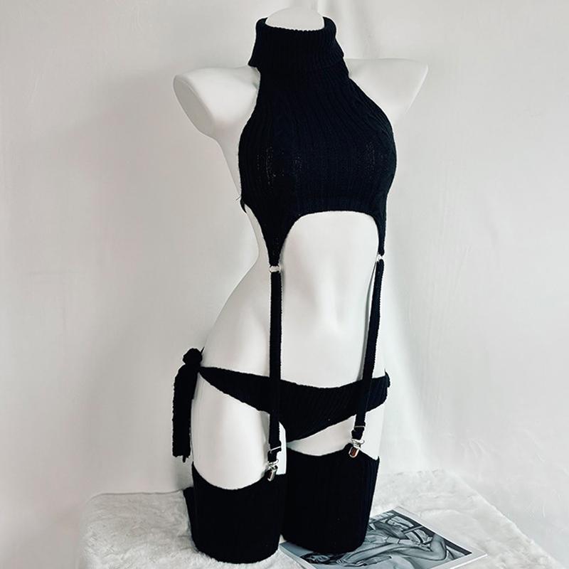 Эротический Сексуальный Аниме Кошка Девушка Серый Свитер Гольф Форменная Одежда Косплей Женщины Вязаная Одежда с Открытой Спиной Чулок с Подвязкой Костюм