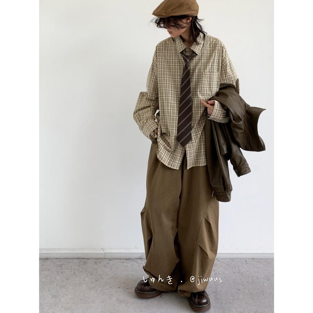 Ohod осень и зима новая японская нейтральная ретро повседневная рубашка с длинными рукавами свободная рубашка в клетку цвета хаки для мужчин
