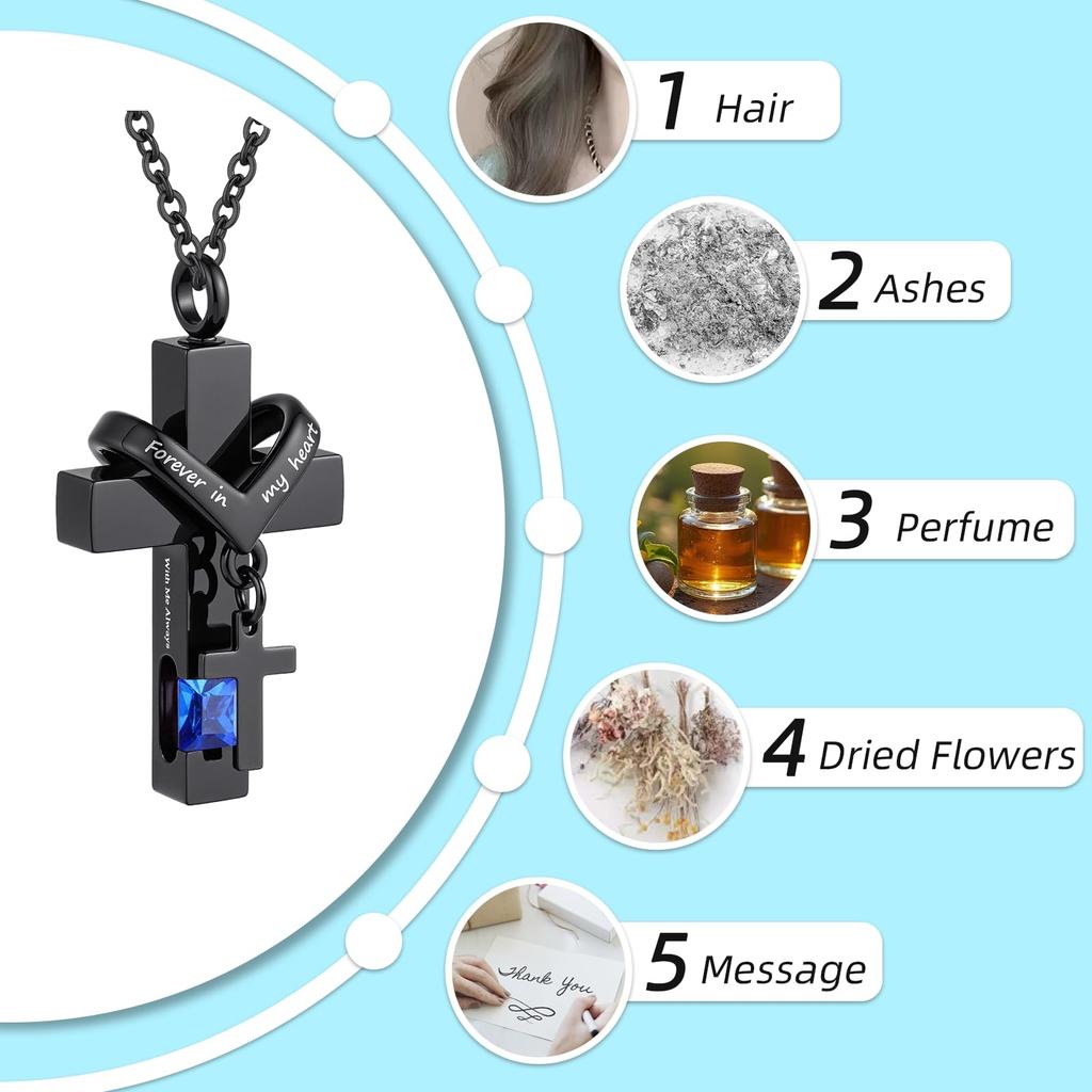 [InfuMemo] Cross-Shaped Urn Necklace for Loved One's Ashes with Birthstone - Forever In My Heart - Always with Me Cremation Jewelry Keepsake Pendant