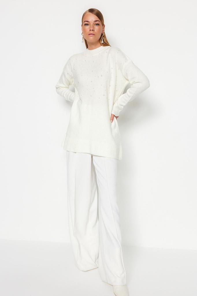 Women's Fashionable Stylish Hijab Sweater Ecru Pearl Detailed Knitwear Sweater