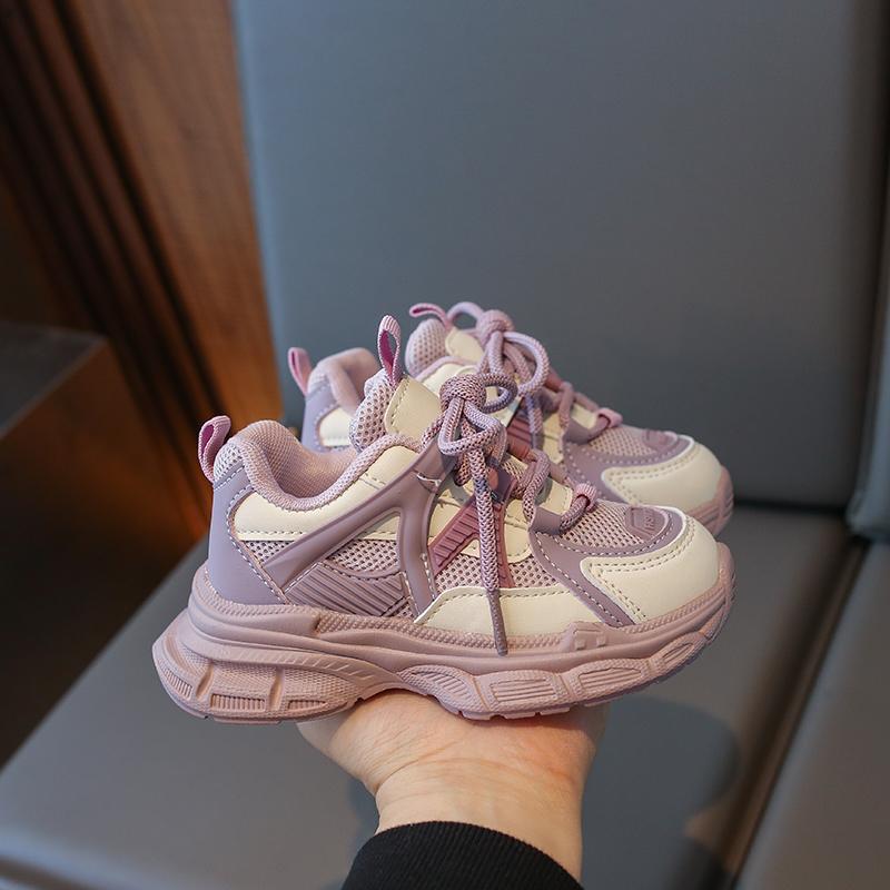 2024 Новые детские универсальные мягкие кроссовки для девочек, сетчатые, на шнуровке, в корейском стиле, мягкие, нескользящие, детская спортивная обувь с круглым носком