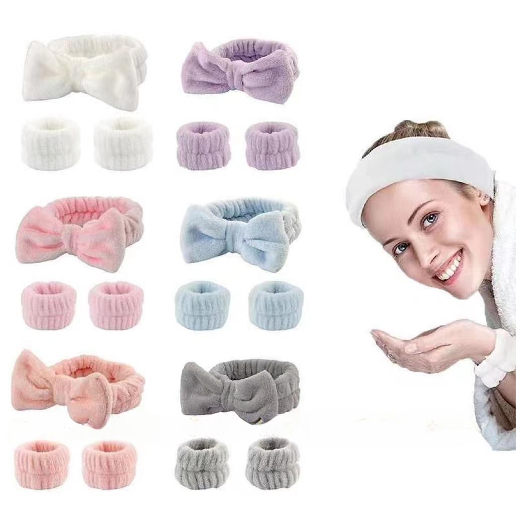 3Pcs Bow Headband Wristband Set Towel Elastic Soft Washing Face Shower Make Up Yoga Sports Skincare Headband for Women Girls