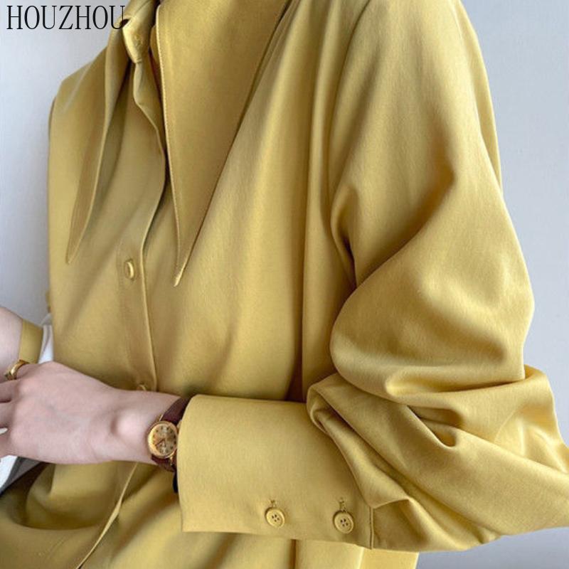 HOUZHOU Шикарная женская рубашка с острым воротником, корейская элегантная ретро-элегантная женская классическая блузка для поездок на работу