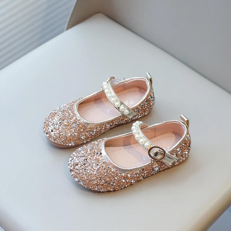 Блестящие туфли для девочек, детские кожаные туфли для девочек среднего и большого размера, детские праздничные свадебные туфли, стразы с жемчугом, туфли на плоской подошве для принцессы