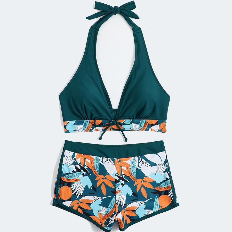 Сексуальные бикини женские летние из двух частей купальник с принтом женский пуш-ап Холтер с рюшами и запахом спереди купальный костюм с высокой талией