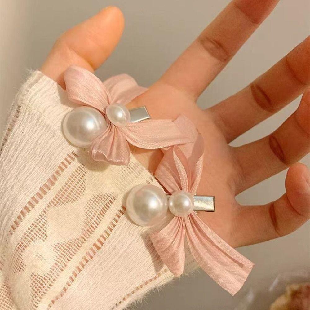 Trendy Bow Pearl  Hairpin Elegant Bangs Pearl Clips Fashion Bowknot Hair Clips  Wedding
