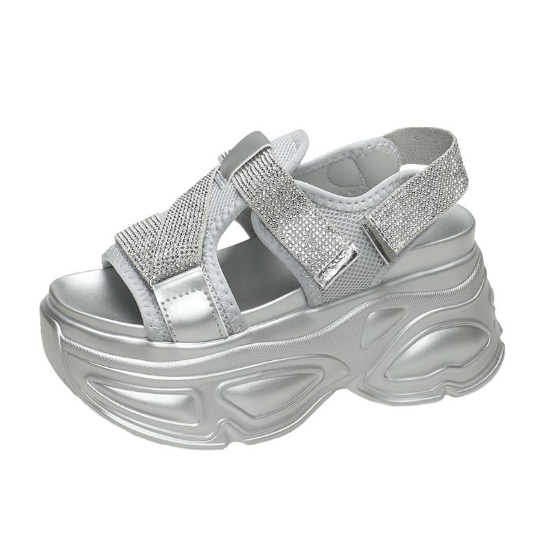 8.5CM Platform Sandals Women Bling Wedge High Heels Summer Rhinestone Hook Loop Chunky Sandalias Beach Slippers Zapatos Mujer