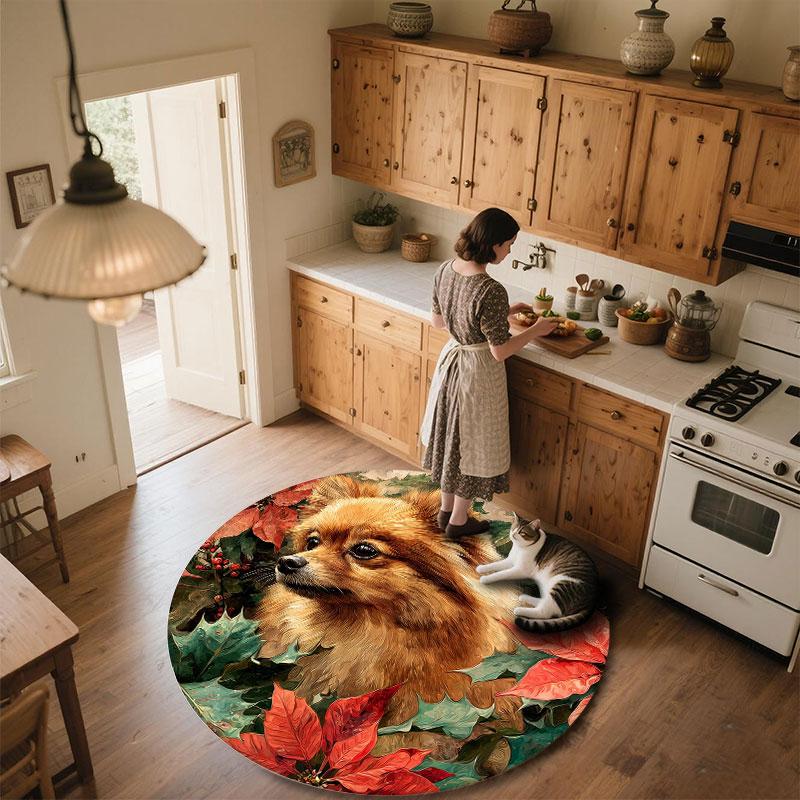 Pomeranian & Flowers pattern round rug,Carpet Rug for Living Room Bedroom Playroom ,Non-slip Floor Mat,Holiday Gifts and Birthday Gifts.