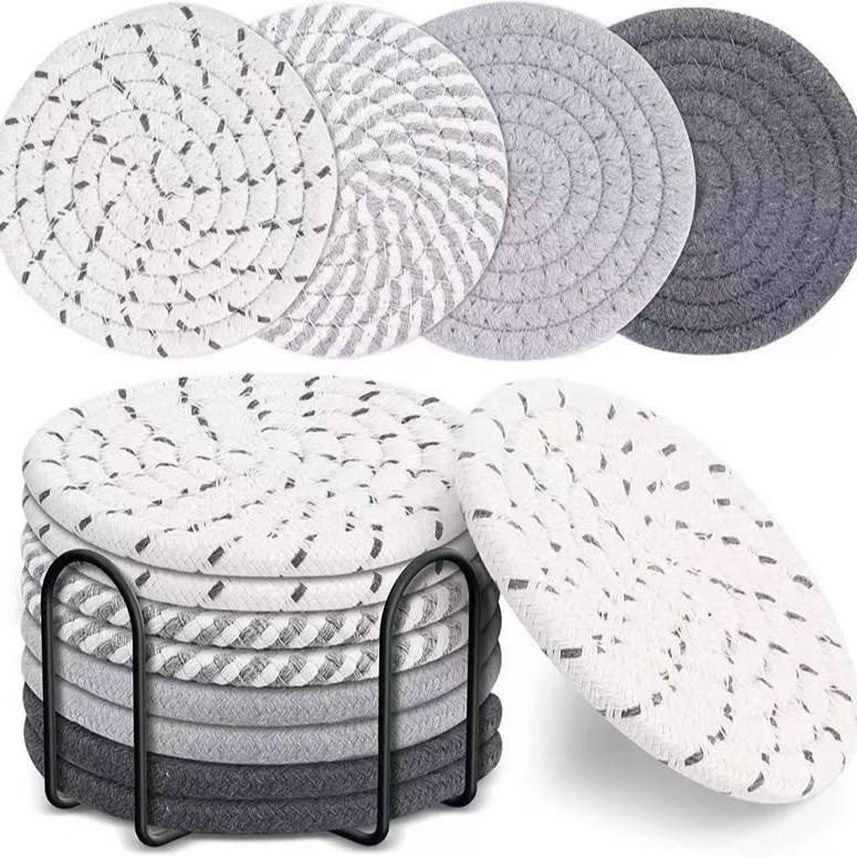 8PCS/Set Cotton Rope Woven Coaster with Holder Table Insulating Mat for Cup Bowl Resistant Coffee Shop Desktop Protection Pad
