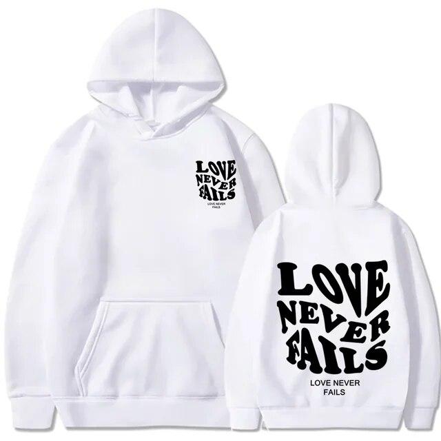 Love Never Fails Print Letter Hoodies Unisex/Women Sweatshirt Black Autumn Vintage Oversized Harajuku Loose Tops Casual Pullovers