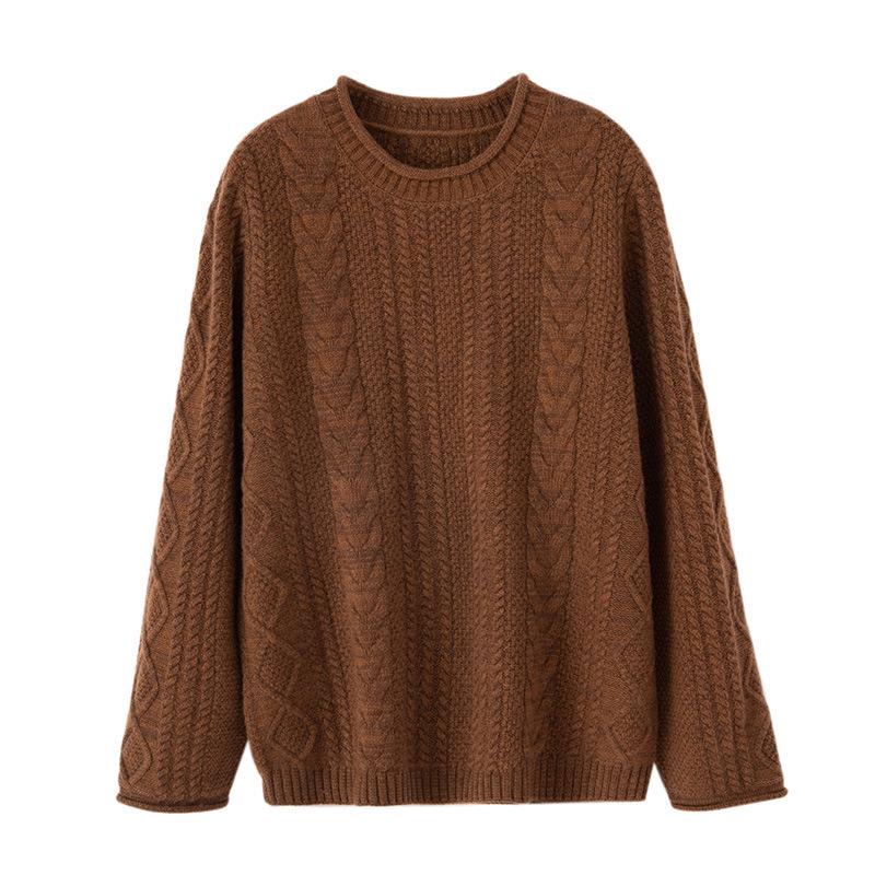 Women's Retro Cable Knit Cashmere Sweater – Round Neck, Rolled Hem, Thick, Loose, and Cozy for Autumn and Winter.