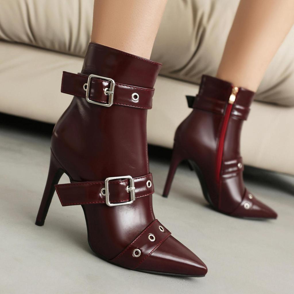 Krazing Pot PU Autumn Winter Shoes Super Stiletto High Heels Stone Party Keep Warm Metal Buckle Ankle Boots
