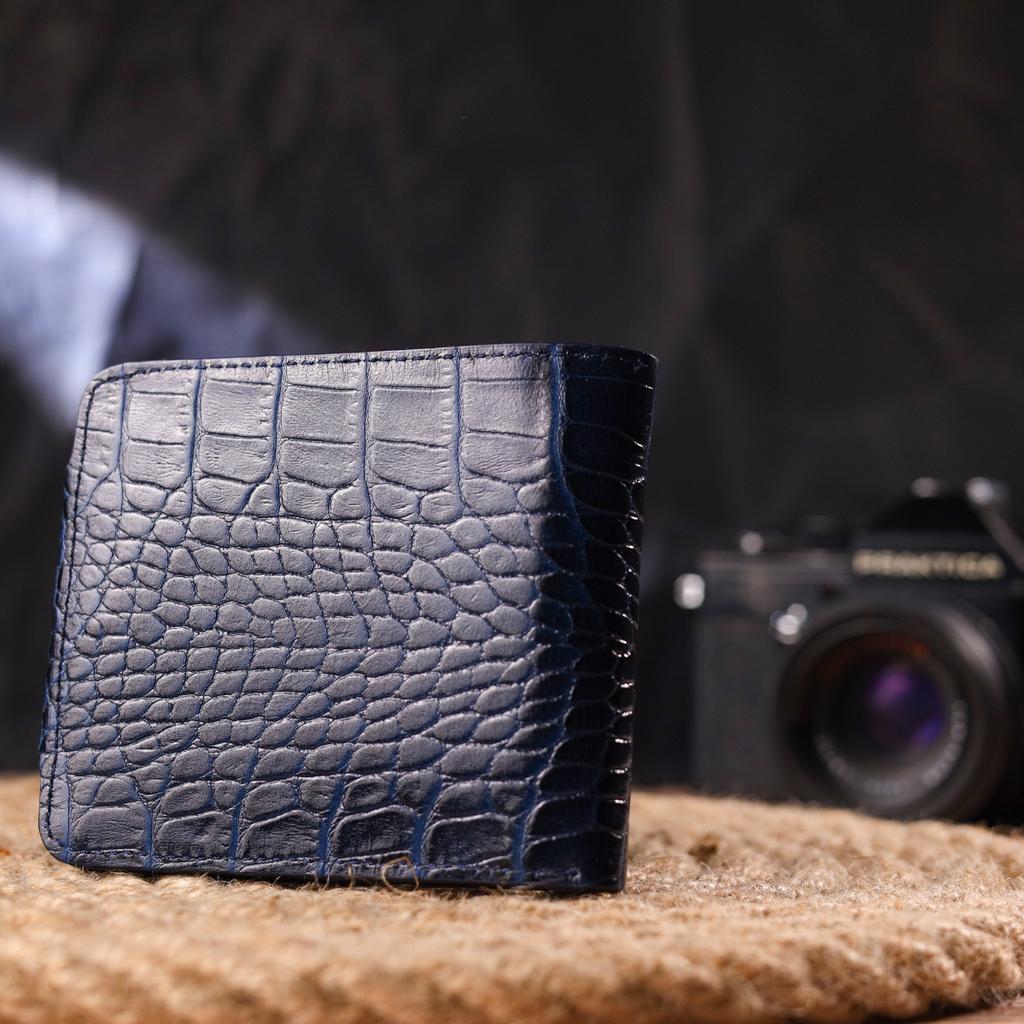 Стильное Мужское портмоне в два сложения из натуральной фактурной кожи с тиснением под крокодила CANPELLINI Purse 21577 Синее