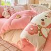 Cute Cartoon Strawberry Pattern Printed Bed Sheet Four Piece Set Machine Washable Short Plush Quilt Cover Anti Static Bedding