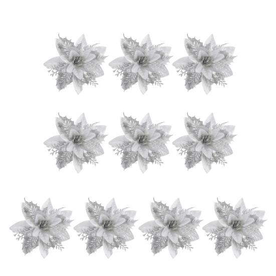 10Pcs/Set Christmas Artificial Flower Glitter Leaves Red Golden Silver-color Layered Xmas Tree Wreath Decoration Fake