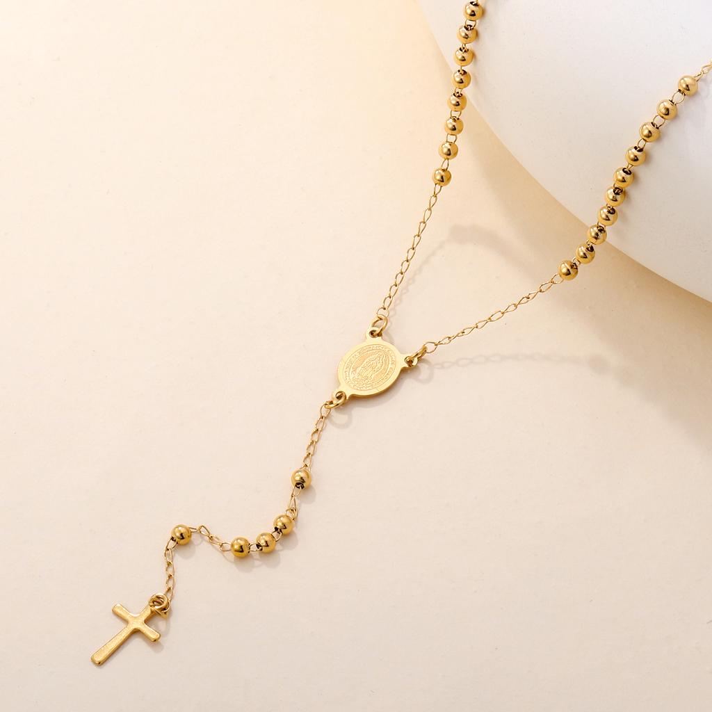 Trend 2026 Long Rosary Beads Chain Cross Pendant Necklaces Stainless Steel Gold Plated Virgin Mary Oval Bar V-Neck Tassel Collar