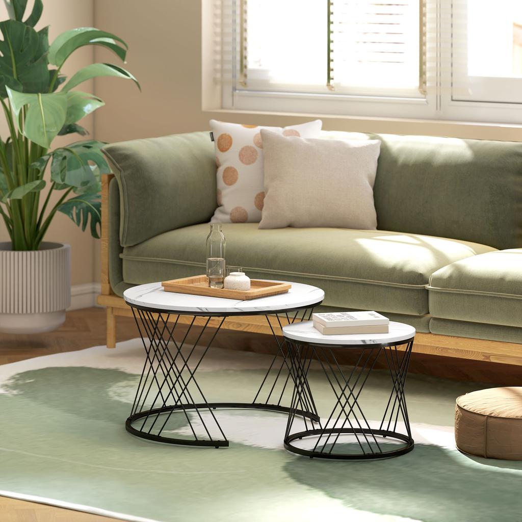 Coffee Tables, Set of 2, Marble Look, Chipboard, Metal, Round, Stackable, White