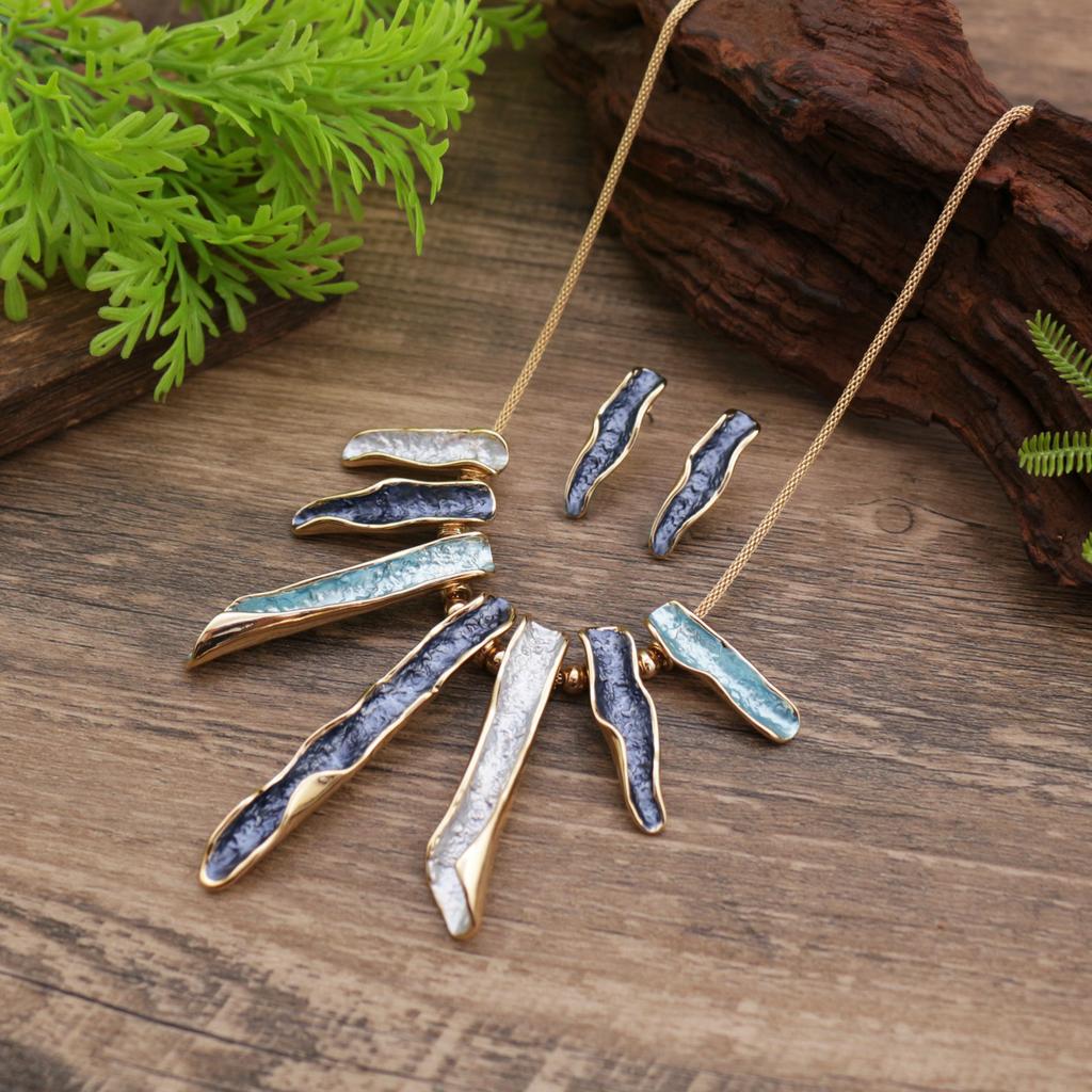 Luxury new enamel color geometric line stud earrings necklace set, women's exaggerated high-end line neck chain