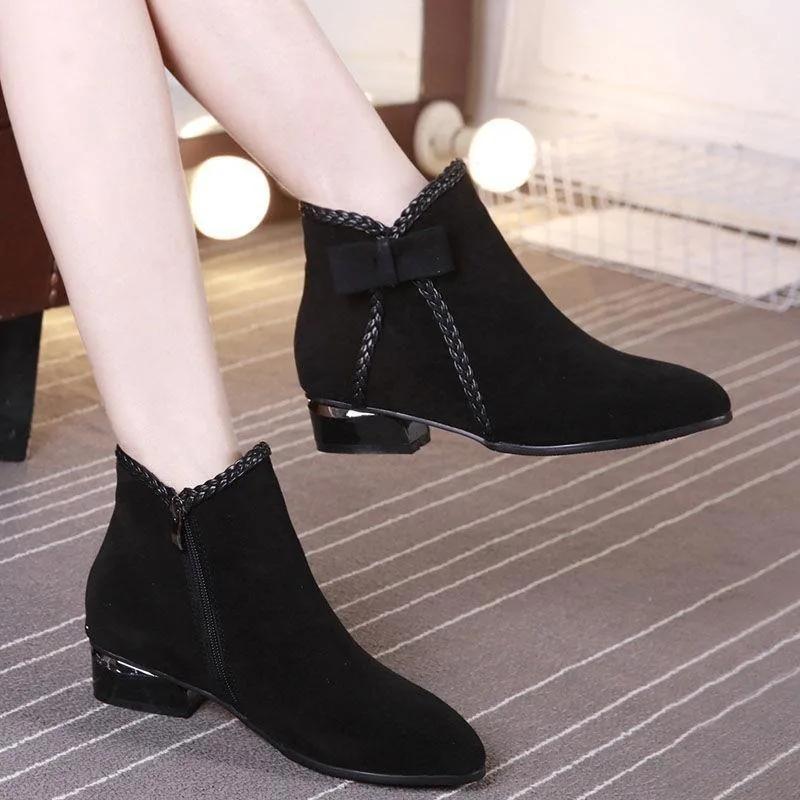 Retro Modern Boots Ladies Shoes 2024 Plus Size Ankle Women's Boots Fashion Bow Tie Pointed Toe Low Heel Side Zip Shoes Female
