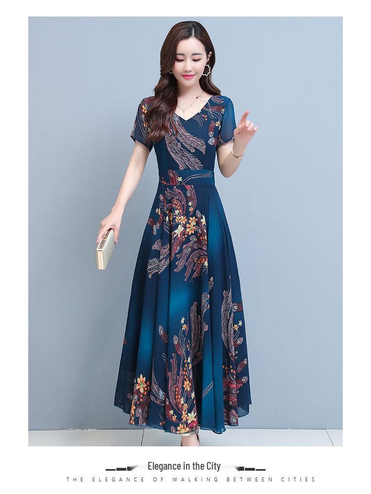 Летнее платье с V-образным вырезом и расклешенной юбкой - Платье миди приталенного силуэта с принтом в корейском стиле для женщин