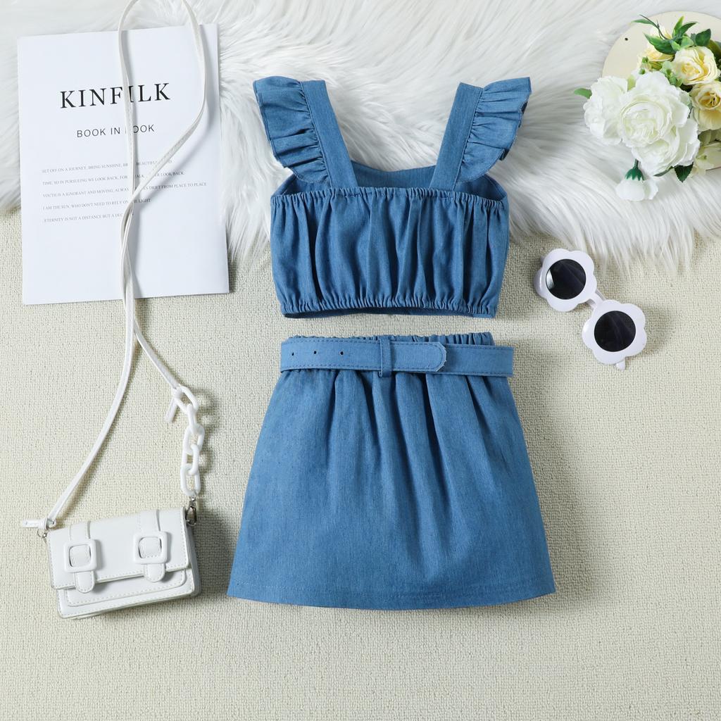 Детские летние платья для девочек 2-6 лет, новый топ с рукавами-крылышками и бантом + юбка, костюм, индивидуальная одежда