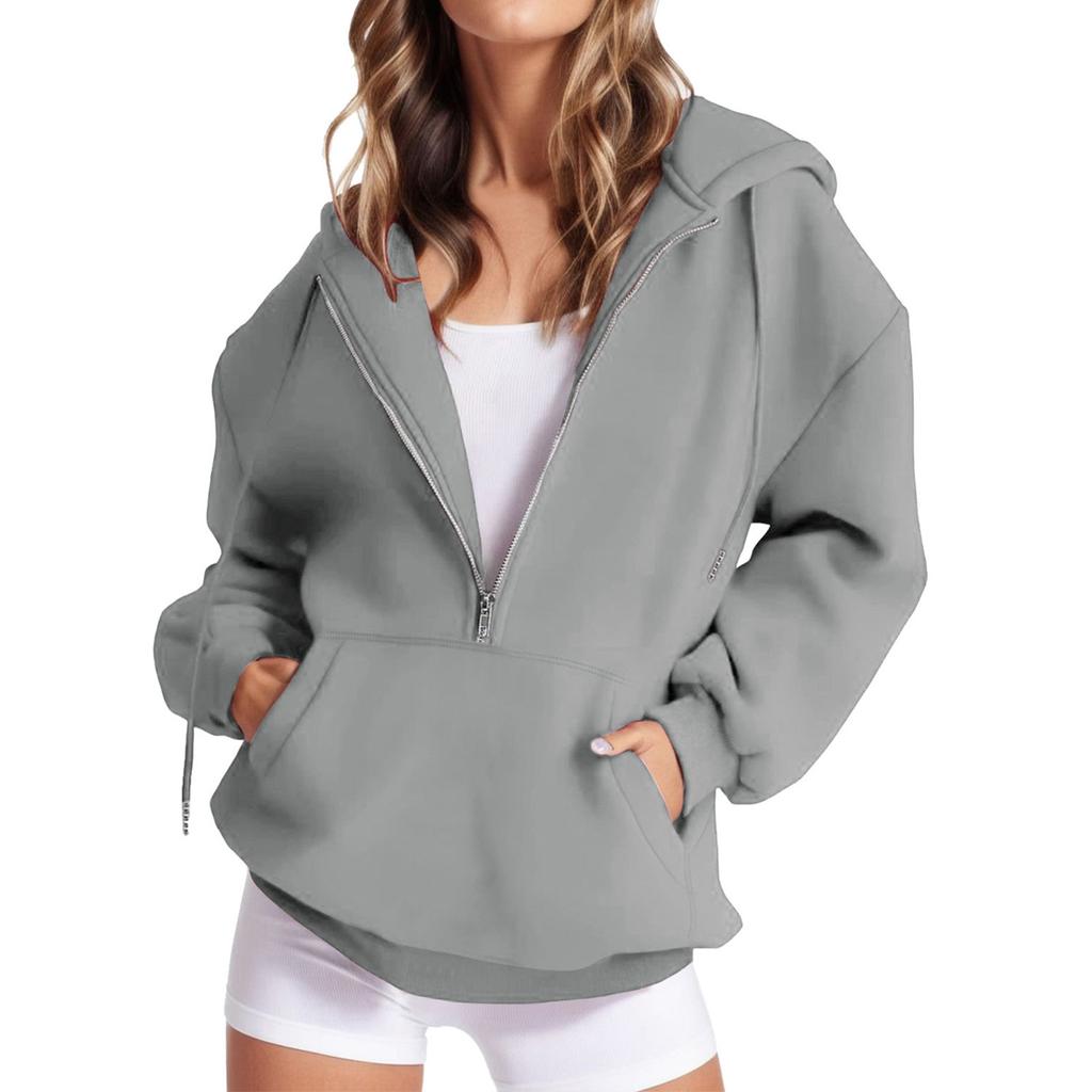 Solid Color Long Sleeve Pocket Hooded Zipper Thickened Pullover Sweatshirt for Women