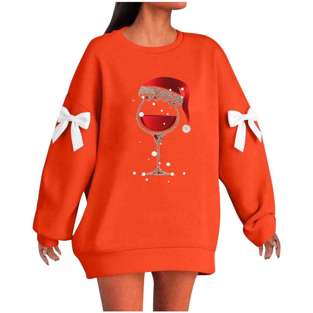 Ladies' Christmas Printed Bow Round Neck Long Sleeved Loose Pullover Sweater Sweatshirt Top