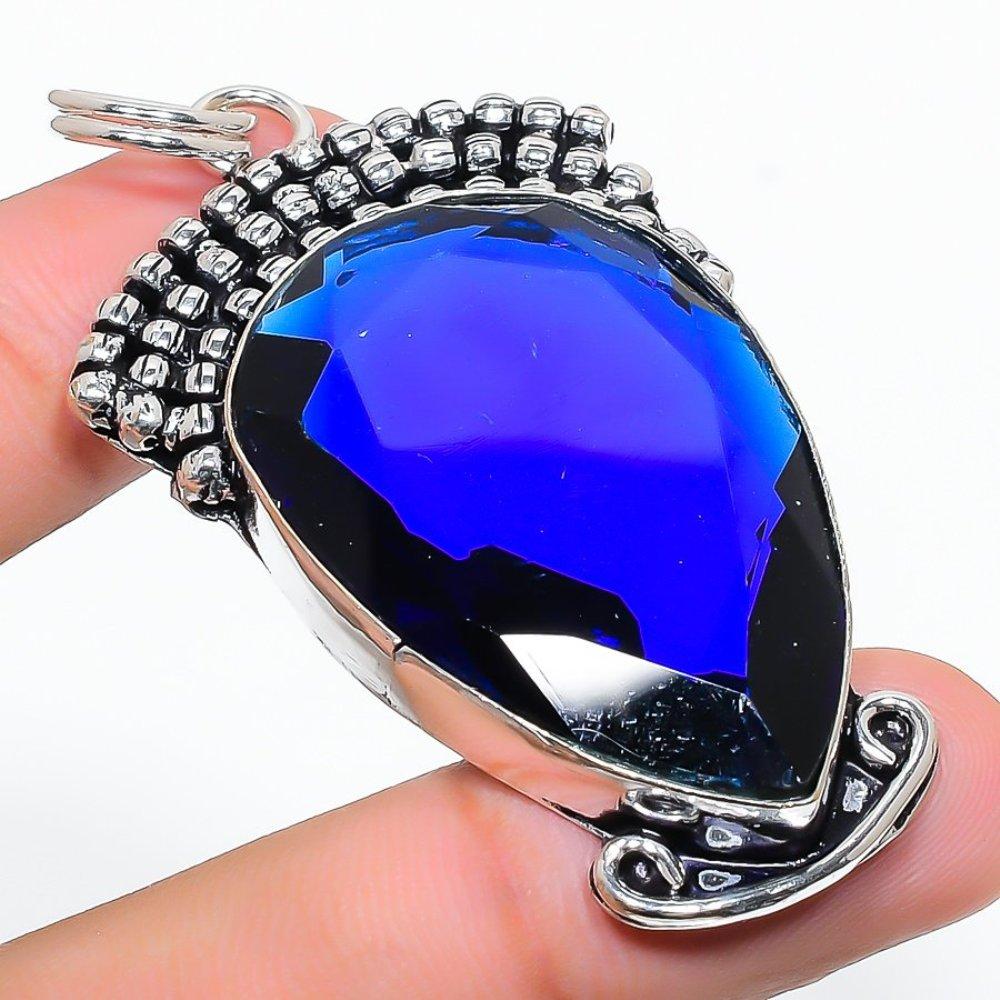 London Blue Topaz Gemstone Handmade 925 Sterling Silver Gift Pendant 2.60" A3A22